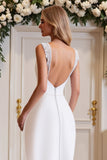 White Satin Sweep Train Square Neck Mermaid Wedding Dress with Lace