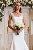 White Satin Sweep Train Square Neck Mermaid Wedding Dress with Lace