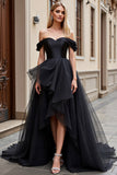 Black Tulle Sweep Train Off the Shoulder Ruffled A Line Wedding Dress