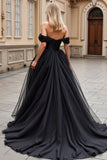 Black Tulle Sweep Train Off the Shoulder Ruffled A Line Wedding Dress