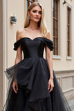 Black Tulle Sweep Train Off the Shoulder Ruffled A Line Wedding Dress