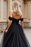 Black Tulle Sweep Train Off the Shoulder Ruffled A Line Wedding Dress