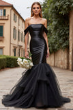Black Satin Sweep Train Off the Shoulder Ruffled Mermaid Wedding Dress