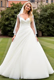 Ivory Organza Sweep Train V Neck Wedding Dress with Lace