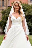 Ivory Organza Sweep Train V Neck Wedding Dress with Lace