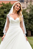 Ivory Organza Sweep Train V Neck Wedding Dress with Lace