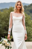 Ivory Satin Sweep Train Illusion Boat Neck Wedding Dress with Lace