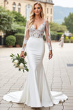 Ivory Satin Mermaid Sweep Train V Neck Wedding Dress with Lace