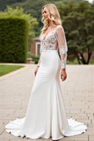 Ivory Satin Mermaid Sweep Train V Neck Wedding Dress with Lace