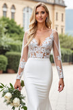 Ivory Satin Mermaid Sweep Train V Neck Wedding Dress with Lace