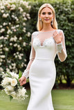 Ivory Satin Illusion Boat Neck Sweep Train Mermaid Wedding Dress with Lace