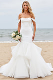 Ivory Satin Off the Shoulder Ruffled Sweep Train Mermaid Wedding Dress