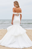 Ivory Satin Off the Shoulder Ruffled Sweep Train Mermaid Wedding Dress