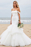 Ivory Satin Off the Shoulder Ruffled Sweep Train Mermaid Wedding Dress