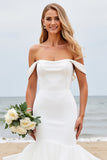Ivory Satin Off the Shoulder Ruffled Sweep Train Mermaid Wedding Dress