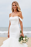 Ivory Satin Off the Shoulder Ruffled Sweep Train Mermaid Wedding Dress