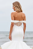 Ivory Satin Off the Shoulder Ruffled Sweep Train Mermaid Wedding Dress