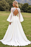 Ivory Satin V Neck Open Back Sweep Train Wedding Dress with Lace