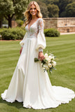 Ivory Satin V Neck Open Back Sweep Train Wedding Dress with Lace
