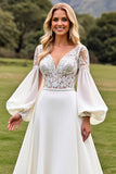 Ivory Satin V Neck Open Back Sweep Train Wedding Dress with Lace