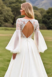 Ivory Satin V Neck Open Back Sweep Train Wedding Dress with Lace