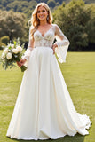 Ivory Chiffon A Line V Neck Sweep Train Wedding Dress with Lace