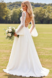 Ivory Chiffon A Line V Neck Sweep Train Wedding Dress with Lace