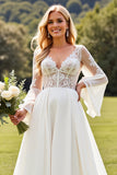 Ivory Chiffon A Line V Neck Sweep Train Wedding Dress with Lace