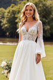 Ivory Chiffon A Line V Neck Sweep Train Wedding Dress with Lace