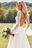 Ivory Chiffon A Line V Neck Sweep Train Wedding Dress with Lace