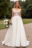 Ivory Satin A Line Sweep Train V Neck Wedding Dress with Lace