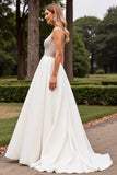 Ivory Satin A Line Sweep Train V Neck Wedding Dress with Lace