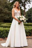 Ivory Satin A Line Sweep Train V Neck Wedding Dress with Lace