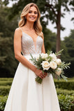 Ivory Satin A Line Sweep Train V Neck Wedding Dress with Lace