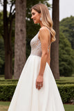 Ivory Satin A Line Sweep Train V Neck Wedding Dress with Lace