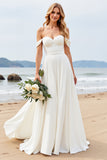 Ivory Chiffon Off the Shoulder Sweep Train A Line Boho Wedding Dress