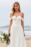 Ivory Chiffon Off the Shoulder Sweep Train A Line Boho Wedding Dress