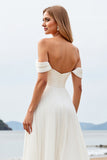 Ivory Chiffon Off the Shoulder Sweep Train A Line Boho Wedding Dress