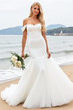 Ivory Off The Shoulder Sweep Train Mermaid Wedding Dress with Cape