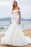 Ivory Off The Shoulder Sweep Train Mermaid Wedding Dress with Cape
