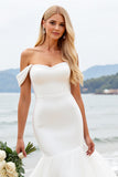 Ivory Off The Shoulder Sweep Train Mermaid Wedding Dress with Cape