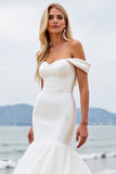 Ivory Off The Shoulder Sweep Train Mermaid Wedding Dress with Cape