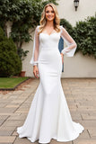 Ivory Satin V Neck Long Sleeves Mermaid Sweep Train Wedding Dress