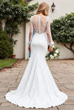 Ivory Satin V Neck Long Sleeves Mermaid Sweep Train Wedding Dress