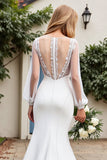 Ivory Satin V Neck Long Sleeves Mermaid Sweep Train Wedding Dress