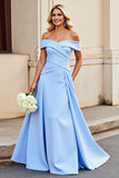 Light Blue Off the Shoulder A Line Satin Ruched Long Formal Dress