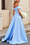 Light Blue Off the Shoulder A Line Satin Ruched Long Formal Dress