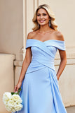 Light Blue Off the Shoulder A Line Satin Ruched Long Formal Dress
