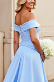 Light Blue Off the Shoulder A Line Satin Ruched Long Formal Dress