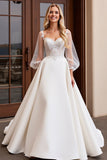 Ivory Satin 3/4 Sleeves Ball Gown Sweep Train Wedding Dress with Lace